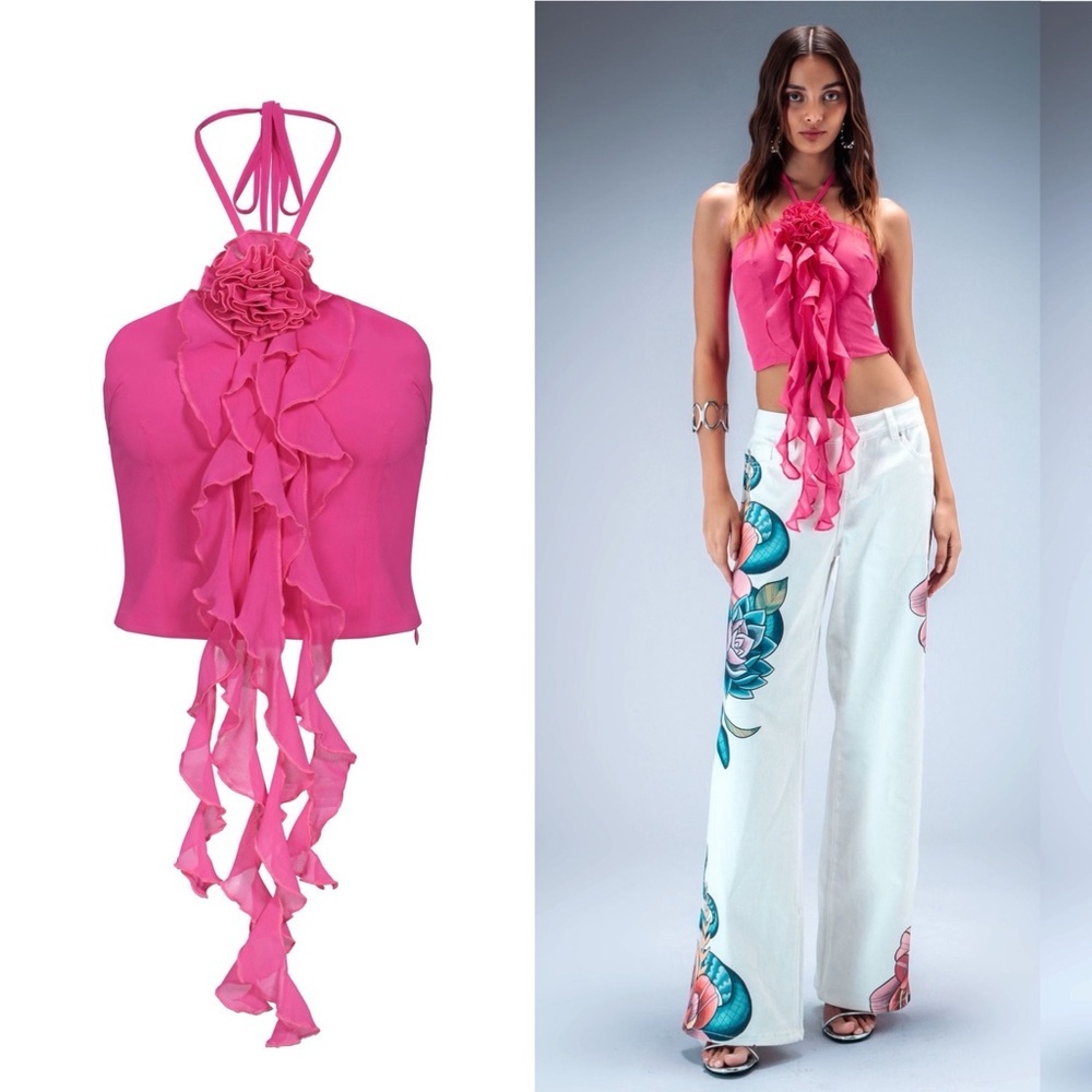 NWT The Kript Rosette Pink Halter Top with Ruffle Detail Sz XL